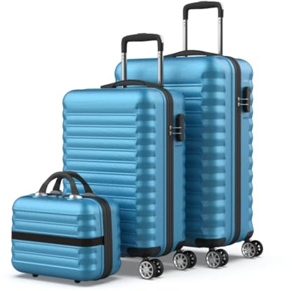 NUMADA-Juego de Maletas Rígidas 3pzs. Maleta Cabina 53cm, Maleta Mediana 63cm y Neceser. Set de Maletas de Viaje ABS Eco Friendly, 4 Ruedas Dobles, Resistentes, Ligeras y Seguras (Azul Eléctrico)