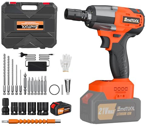 Rigogo 21V Brushless Impact Wrench with 1 x 6.0Ah Battery, 450Nm Cordless Impact Screwdriver, 0-2500rpm Variable Speed, Fast Charger, 4 Sockets, 12 Drill Bits, Carry Case, Orange
