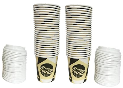 ARBUTUS 48 vasos café desechables de cartón para café de 200ml con 50 tapas plastico,vasos para llevar y 50 paletinas de madera. (250ml)