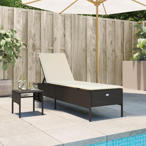 Homgoday Sonnenliege mit Tisch und Auflage Gartenliege mit Verstellbarer Rücklehne Rattanliege Relaxliege Liegestuhl Gartenmöbel Strandliege Garten, Balkon Braun Poly-Rattan