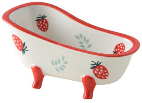 Jarsense Household Ceramic Bowl Bathtub Shape Ceramic Bowl Salad Bowl Cute Ice Cream Pudding Bowl Dessert Fruit Bowl Yogurt Bowl(Red-Strawberry)