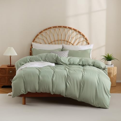 JSD Salbeigrün Bettbezug-Set für King-Size-Bett, 3-teilig, 1 Bettbezug mit 2 Kissenbezügen, weiche gebürstete Mikrofaser, Bettdeckenbezüge mit Reißverschluss