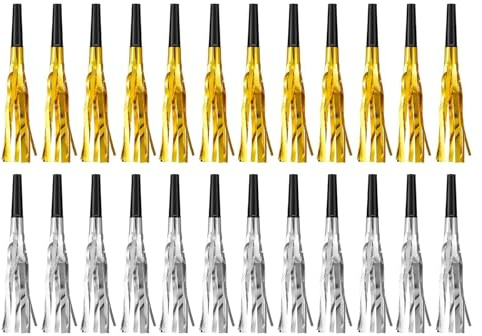 24pcs Party Blowers, Glitter Metallic Fringed Noise Makers Horns Whistles for Kids Birthday 2026 New Years Eve Party Favors Sports Graduation Party Supplies (Gold Silver)