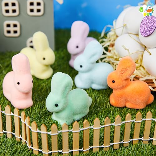 JOYIN 6 Pcs Easter Mini Flocked Bunny, Furry Foam Rabbit Toy Tabletop, Small Animal Figurines for Easter Table Decorations Home, Easter Baskets Gifts Party Favors Game Supplies for Kids