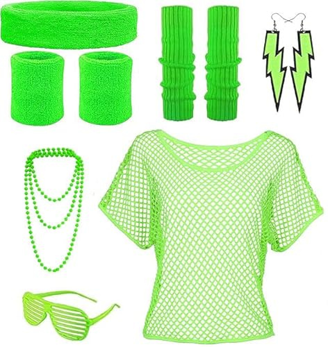 MIVORA Tenue des années 90 et 80 pour femme, accessoires de costume des années 90, haut en maille, bandeau, jambière, collier, lunettes et boucles d'oreilles, fête battante des années 80 pour carnaval