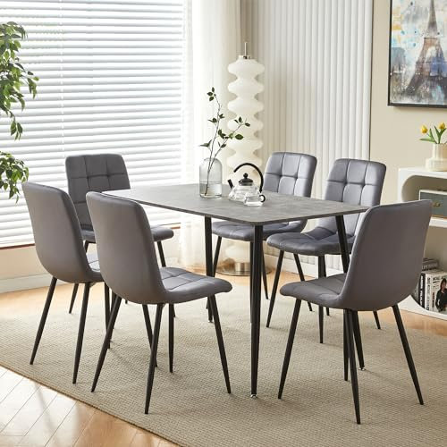 Moderner Esstisch in Betonoptik und Samtstühle, 6-Sitzer, Esszimmermöbel für Zuhause, Büro, Wohnzimmer, dunkelgrauer Tisch mit 6 Stühlen