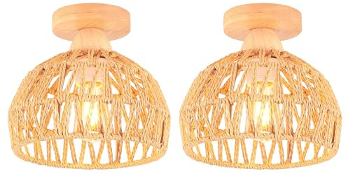 iDEGU 2 Stück Deckenleuchten Ø20cm Vintage Kronleuchter aus Holz Rattan Lampenschirm Industrielle Deckenlampe Retro E27 Beleuchtung Dekoration für Schlafzimmer, Wohnzimmer, Flur, Cafe (Braun)
