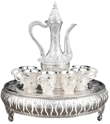 LOVIVER Turkish Tea Set Tea Pitcher Zinc Alloy Art Crafts Serving Teapot Beverage Drinkware for Kitchen Birthday Wedding Home Holiday, silver