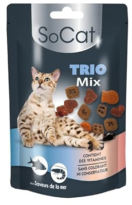 Riga - SoCat Trio Mix - Friandises pour Chat - Assortiment Aux Saveurs De La Mer (Saumon, Crevette, Truite) - Biscuit Croquant - sans Colorant Ni Conservateur - Récompense Idéale 60 g