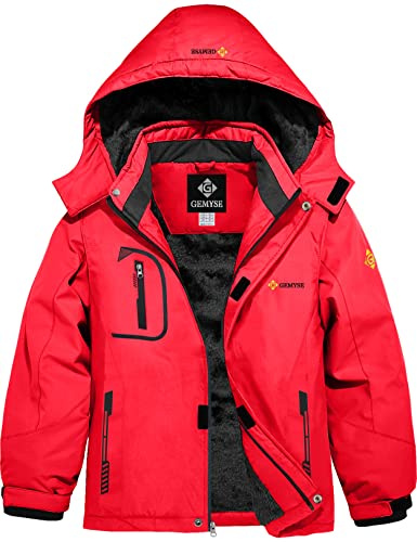GEMYSE Veste de Ski pour Garçon Enfant Manteau Hiver Chaud Imperméable Coupe-Vent Blouson avec Capuche et Polaire(Rouge,160-168)