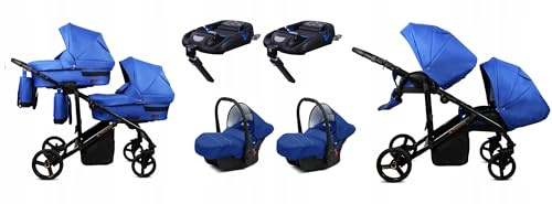BabyLux® Bambini Passeggino per gemelli Completo Set 4 in 1 - Duo | Sapphire - incl. Navicella, Canna, Seggiolino Auto, ISOFIX Base - Carrozzina Neonati Sistema Combinato - con Borsa fasciatoio ecc.