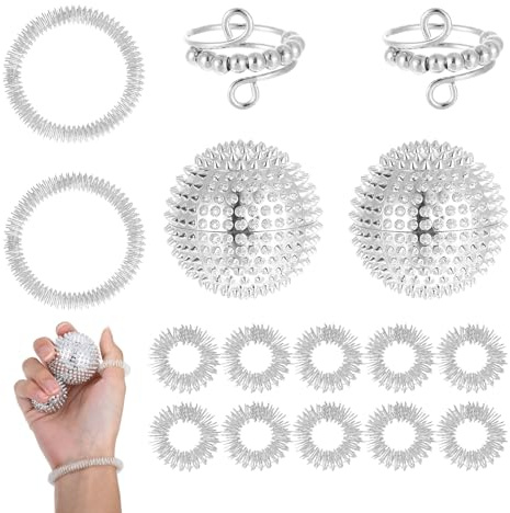 16 Stück Handmassage Set Erwachsene, Finger Massageringe und Massagebälle aus Metall, Entspannungs Zubehör für Büro Reisen Yoga Alltag, Tragbares Massage Set Silber