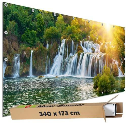 TRIOSK Sichtschutz Garten Dekoration Plane groß mit Motiv Wasserfall Kroatien Krka Abendsonne Motivbanner Blickdicht für Terrasse Zaun Gartenzaun Gartenposter PVC Zaunblende 340x173 cm