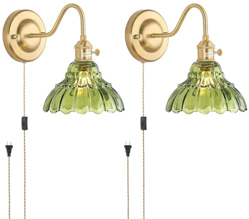 AoLa Kristall Wandleuchte mit Stecker, 2er Set Messing Wandlampe Vintage E27 mit Schalter und Kabel Florenz Nachttischlampe Gold Schwanenhals Lampenarm und Grüne Kristall Schirm Dekolampe