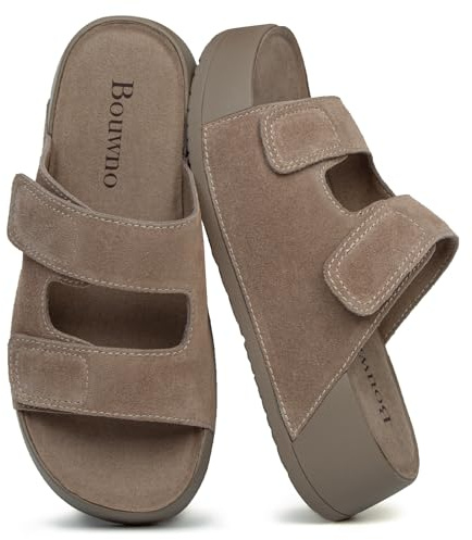 Bouwno Platform Sandals Women Beach Slide Comfortable Suede Sandals Slip-on Memory Foam Insole Soft Lining Hook and Loop Straps and Open Toe Low Wedges for Summer Outdoor Apricot