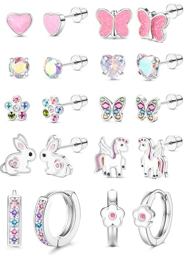 Adramata 10 Paia Orecchini Acciaio Chirurgico Donna Ragazza Set Orecchini Bambina Anallergici Carino Orecchino Vite Indietro CZ Rosa Multicolore Cuore Fiore Farfalla Orecchino a Bottone