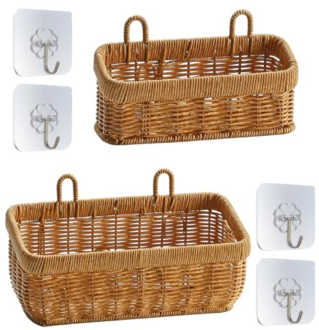PORFOYO 2 cestas de almacenamiento trenzadas, cesta colgante trenzada, organizador de pared de ratán, cesta colgante, cesta de mimbre para la decoración de salones, dormitorios y oficinas, amarillo