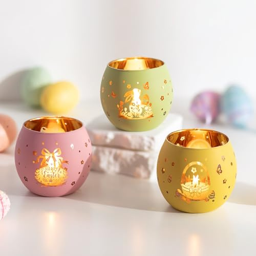 Glasseam Tealight Holders for Easter Decorations: 3Pcs Glass Tea Light Candle Holders with Bunny Easter Egg for Table Centerpiece Coloured Tea Light Holder Gifts for Adults Party Spring Home Decor