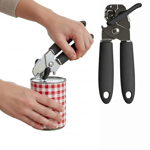 AHS - Heavy Duty Manual Can Opener - Soft Grip Tin Opener with Stainless Steel Blade - Ergonomic Butterfly Handle, Dishwasher Safe - Multipurpose Kitchen Tool for Cans & Bottles (1x)