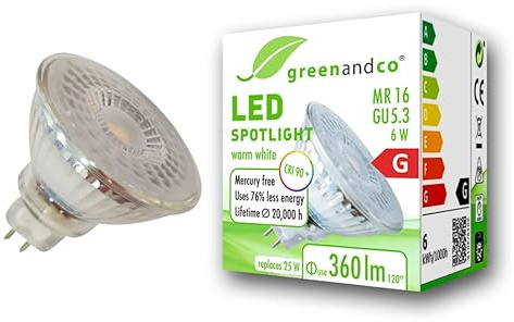 greenandco Spot LED IRC 90+ MR16 GU5.3 | 6W 360 lm | 3000K blanco cálido | 110° | 12V AC/DC | no regulable