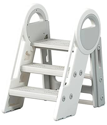 Tritthocker Kinder, 2-3 Stufen Höhenverstellung Lernturm, Kippsicherer und Rutschfester Sicherheits-Kinderhocker mit Bequemer Griffen, Multifunktional Tritthocker Klappbar, 1.5 bis 14 Jahre, EN 71