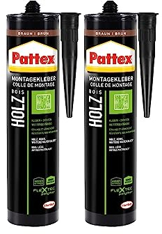 Pattex Montage Holz, starker Montagekleber für Holz und Holzwerkstoffe, wetterbeständiger Baukleber für alle Materialien*, elastischer Holzkleber für innen und außen**, 2x420g Kartusche