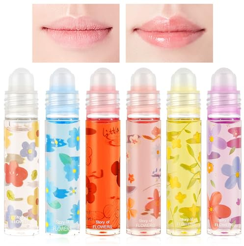 AOOWU Glitzer-Lipgloss Aufrollen, Farblos Roll on Lip Glow Oil Durchsichtig, 6 Stäbchen Moisturizing Lippenöl, Lip Gloss für Langanhaltend Glossy Pflegende Lippen (Blumen)