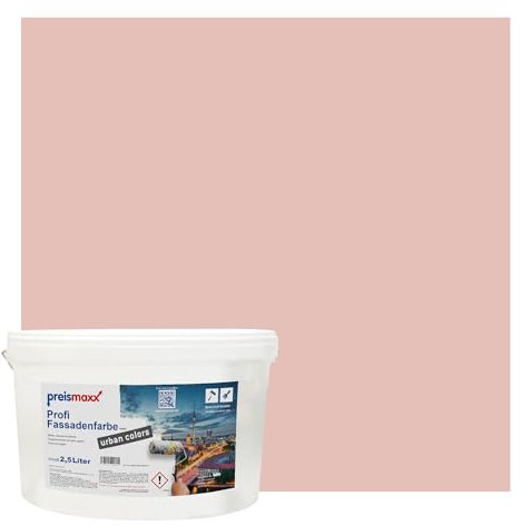 Preismaxx Profi Fassadenfarbe urban colors, bunte Außenfarbe, rot, rosenquarz, rose quartz 2,5L, matte, wasserabweisende Aussen-Dispersion, hohe Wasserdampfdurchlässigkeit