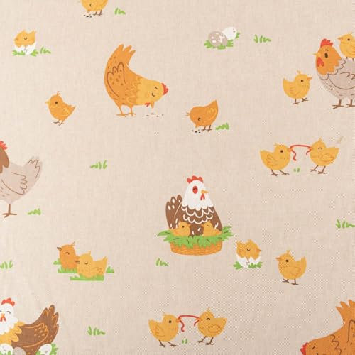 SCHÖNER LEBEN. Dekostoff Halbpanama Leinenlook Chicken Family Nest Natur 1,40m Br