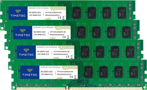 Timetec 32GB KIT(4x8GB) DDR3 1333 MHz PC3-10600 Non-ECC Ungepuffert 1,5V CL9 2Rx8 Dual Rank 240 Pin UDIMM PC-Desktop-Computer-Speicher RAM-Modul-Upgrade