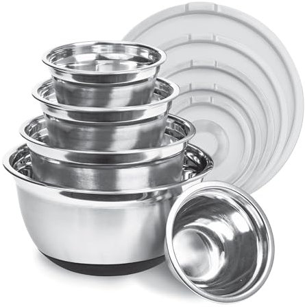 Avador Premium Stainless Steel Mixing Bowls with Lids Non-Slip, Set of 5 Mixing Bowl Set with Silicone Base, Space Saving, Great for Cooking, Baking, Prepping (0.25qt, 1qt, 1.5qt, 3qt, 5qt)