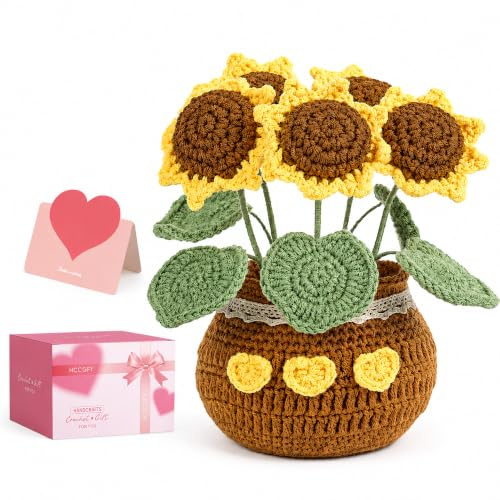 Hccgfy Crochet Flowers Bouquet, Knitted Sunflowers Potted Plant with Gift Box and card, Gift ideas for Women,Wife, Moms,Girlfriend - Easter Birthday Mother's Day Anniversary Graduation(Yellow)