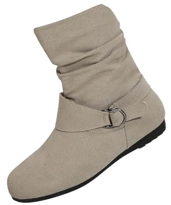 Slip-on stövletter dam platt – halvstövlar med dragkedja på sidan spänne mocka stövlar halvskaft ridstövlar kort skaft stövlar vintage eleganta damstövlar, Beige, 39 EU