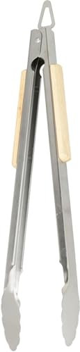 Galvog® Pinzas de cocina para barbacoa de acero inoxidable de 37 cm con mango de madera resistente al calor, mango antideslizante, pinzas para asar a la parrilla, cocinar, barbacoa, interiores y