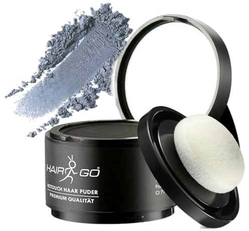 HAIR GO Premium Ansatzpuder - Haar Concealer zur Haarverdichtung für Frauen und Männer, wasserfestes Haar Make-up zum Ansatz kaschieren - Friseurqualität - Pulver Natürlich (4gr.) (grau)
