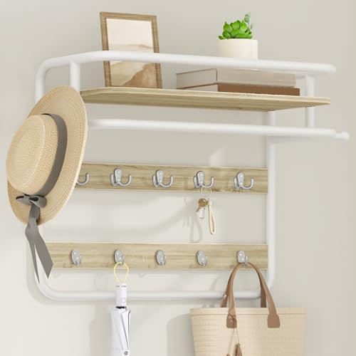 Hzuaneri Wandgarderobe mit Ablage, Wandregal mit 10 Abnehmbaren Haken, 2 Seitliche Befestigungshaken, 1 Stangen, 64,5 x 30 x 54 cm, für Flur, Schlafzimmer, Wohnzimmer, Eichefarben-Weiß LCR60116W