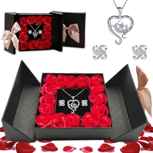 HATFRYF Eternal Flowers Rose Gift Box, Love You Necklace and Earring, Gifts for Women Mum Her, Artificial Rose Flowers for Women Girls for Birthday, Valentines Day, Christmas Silvery