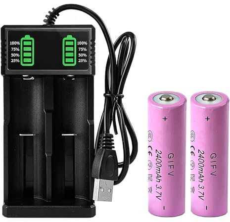 Dhqkqg Rechargeable Battery Charger, Battery Charger Set with 2 Pack 3.7V 2400mAh Pointed Batteries, USB 2 Slot Chargers with LCD Display Smart for Flashlight, Small Fan, Radio
