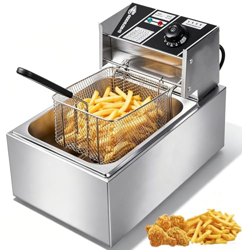 Freidora de Aceite 6L,Freidora ElEctrica con Cesta Incluida,2200,Potencia de 2200W, Potencia 2200W, Temperatura Regulable 200°C, Cuerpo Inoxidable Resistente, uso Doméstico y Comercial (6L)