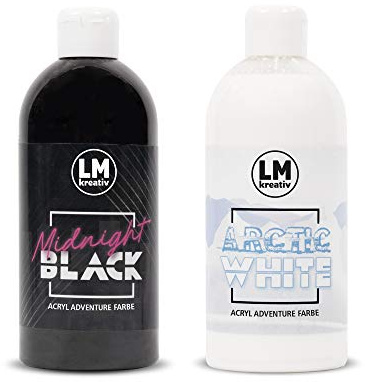 LM Acrylfarbe Adventure (2er Set - Black & White) 2 x 500 ml Acryl-Farbe auf Wasserbasis - Hochpigmentiert, Künster-Acryl, Ideal für Keilrahmen, Papier, Pappe, Beton, Holz und Stein