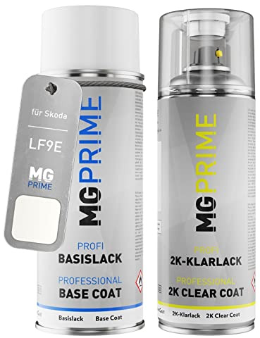 MG PRIME Autolack Spraydose für Skoda LF9E / 9P Candyweiss + 2K-Klarlack | Blanc Cristal, Set aus Basislack + 2K Klarlack, Sprühdosen 400ml