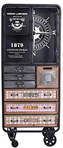 PALAZZO INT Vintage VITRINENSCHRANK „NEW Jersey LOFT“ – Industrial Schrank aus Holz & Metall mit 7 Schubladen & Glastür Patchwork Design auf Rollen Loft Möbel Fabrik Stil 146×60×32 cm