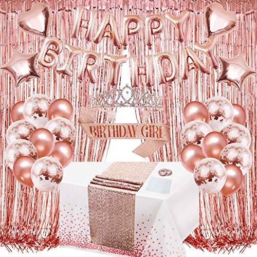 ZERODECO Decorazione di compleanno, oro rosa, ghirlanda con brillantini, tovaglia bianca con nastrino, Tiara glitterata, tenda a forma di cuore, stella, palloncini, decorazioni per bambine