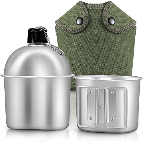 Militärkantine Kochgeschirr-Set, multifunktionale Wasserflasche | 1 Qt Militärkantine, Aluminiumlegierung, 0,5 Qt, Henkelbecher, grüne Canvas-Abdeckung für Outdoor, Camping, Wandern