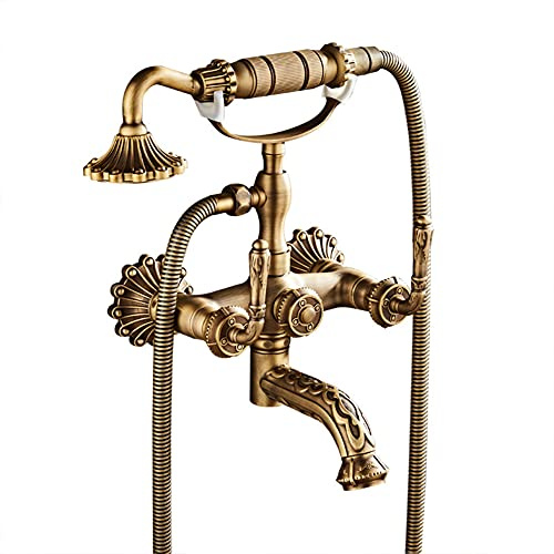 Gx Grifo Bañera con Alcachofa De Mano Dos Asas Latón Mezclador De Bañera Montaje En Pared, Incluye Soporte Y Manguera De 150 Cm, Grifo De Ducha, Antiguo