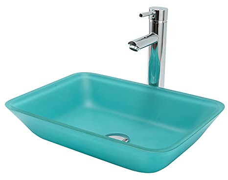 SHUGUANG Lavandino in Vetro Temperato, Opaco Lavabo da Appoggio ​in Vetro Temperato Artistico Lavabo da Bagno Rettangolare Lavabo da Appoggio con Rubinetto in Ottone Cromato, 460×330×110mm,Verde