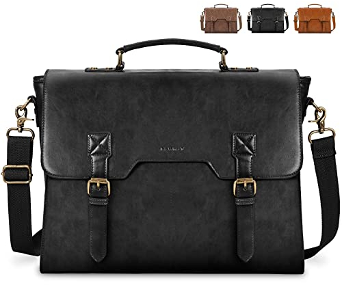 NEWHEY Umhängetasche Herren 15,6 Zoll Aktentasche Vintage Laptoptasche mit Gepolstertem Schultergurt Wasserdichte Messenger Bag Arbeitstasche für Geschäft Arbeit Schule Schwarz