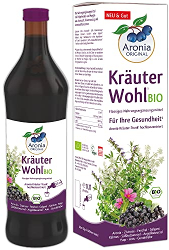 Aronia ORIGINAL Bio Kräuter Wohl 700 ml - nach Hildegard von Bingen -Nahrungsergänzungsmittel mit Polyphenolen, Bitterstoffen, Mangan und OPC - Aroniasaft + Kräuter (Galgant, Süßholzwurzel, Zistrose)
