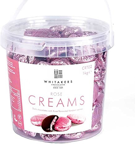Whitakers Dark Chocolate Creams - Pink Foiled Fondant Cremes Plastic Tub (Rose, 1kg) | Shows subtle rose flavour, with a balanced finish for food pairing or relaxed serving.