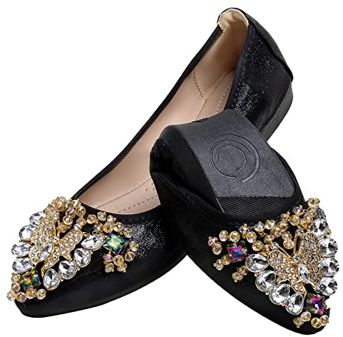 WAMBHC Black Flats Shoes for Women Bow Rhinestone Pointed Toe Wedding Flats - Foldable Ballet Flat Slip on Flats for Women Dress Comfort - Size 10